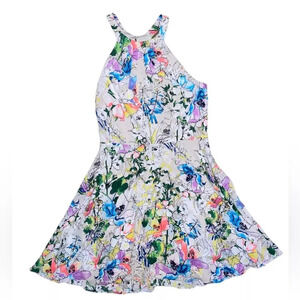 Express Neon Watercolor Floral Dress A Line Halter-neck Size 8 Preppy Summer